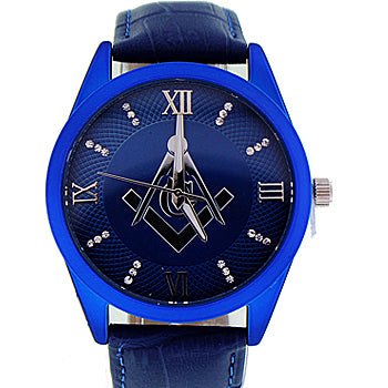 Men's Masonic Watch,(Blue Masonic Dial), (Blue Leather Band), Brand New Masonic Watch
