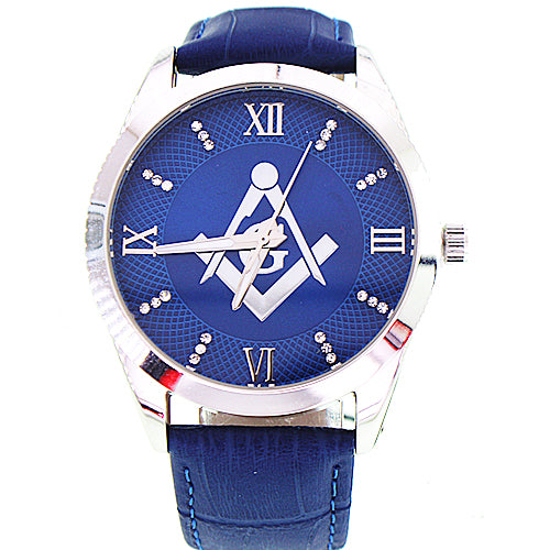 Men's Masonic Watch, (Blue & Silver Masonic Dial), (Blue Leather Band), Brand New Masonic Watch