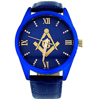 Men's Masonic Watch, (Blue & Gold Masonic Dial), (Blue Leather Band), Brand New Masonic Watch