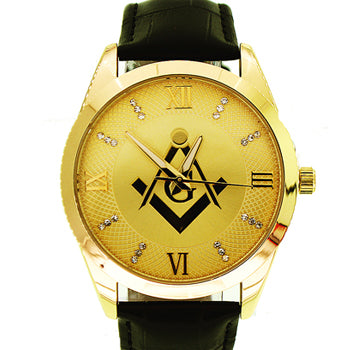Men's Masonic Watch, (Gold & Black Masonic Dial), (Black Leather Band), Brand New Masonic Watch