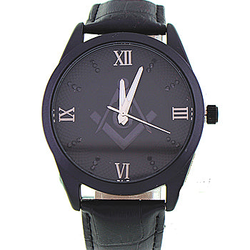 Men's Masonic Watch, (Black Masonic Dial), (Black Leather Band), Brand New Masonic Watch