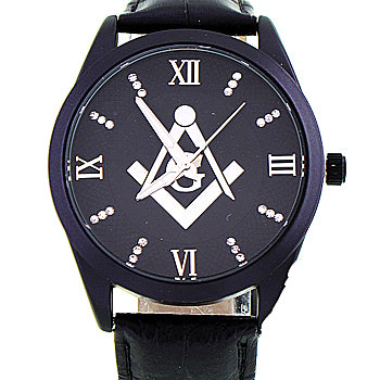 Men's Masonic Watch, (Black & White Masonic Dial), (Black Leather Band), Brand New Masonic Watch