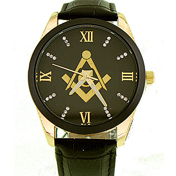Men's Masonic Watch, (Black & Gold Masonic Dial), (Black Leather Band), Brand New Masonic Watch