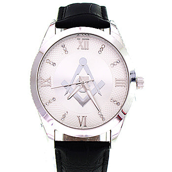 Men's Masonic Watch, (Silver Masonic Dial), (Black Leather Band), Brand New Masonic Watch