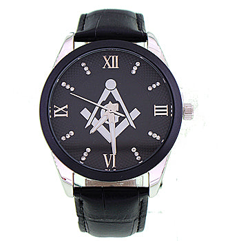 Men's Masonic Watch, (Black & Silver Masonic Dial),(Black Leather Band), Brand New Masonic Watch