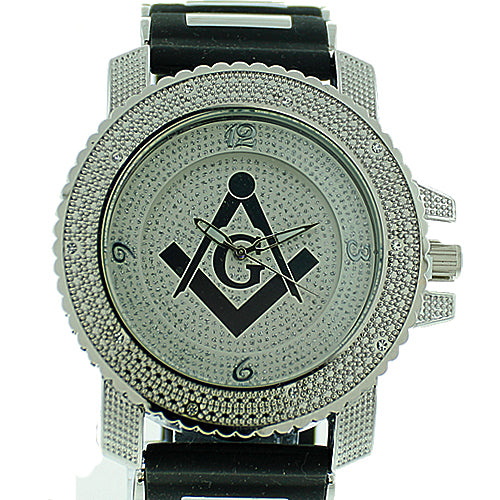 Men's Masonic Watch, (Silver Masonic Dial), (Black Silicone "Bullet" Band), Brand New Masonic Watch,