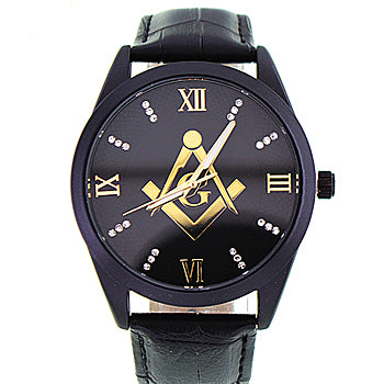Men's Masonic Watch, (Black & Gold Masonic Dial),(Black Leather Band), Brand New Masonic Watch